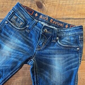 Rock Revival Womens Sora Bootcut Blue Acid Wash Denim Jeans Embellished Size 25